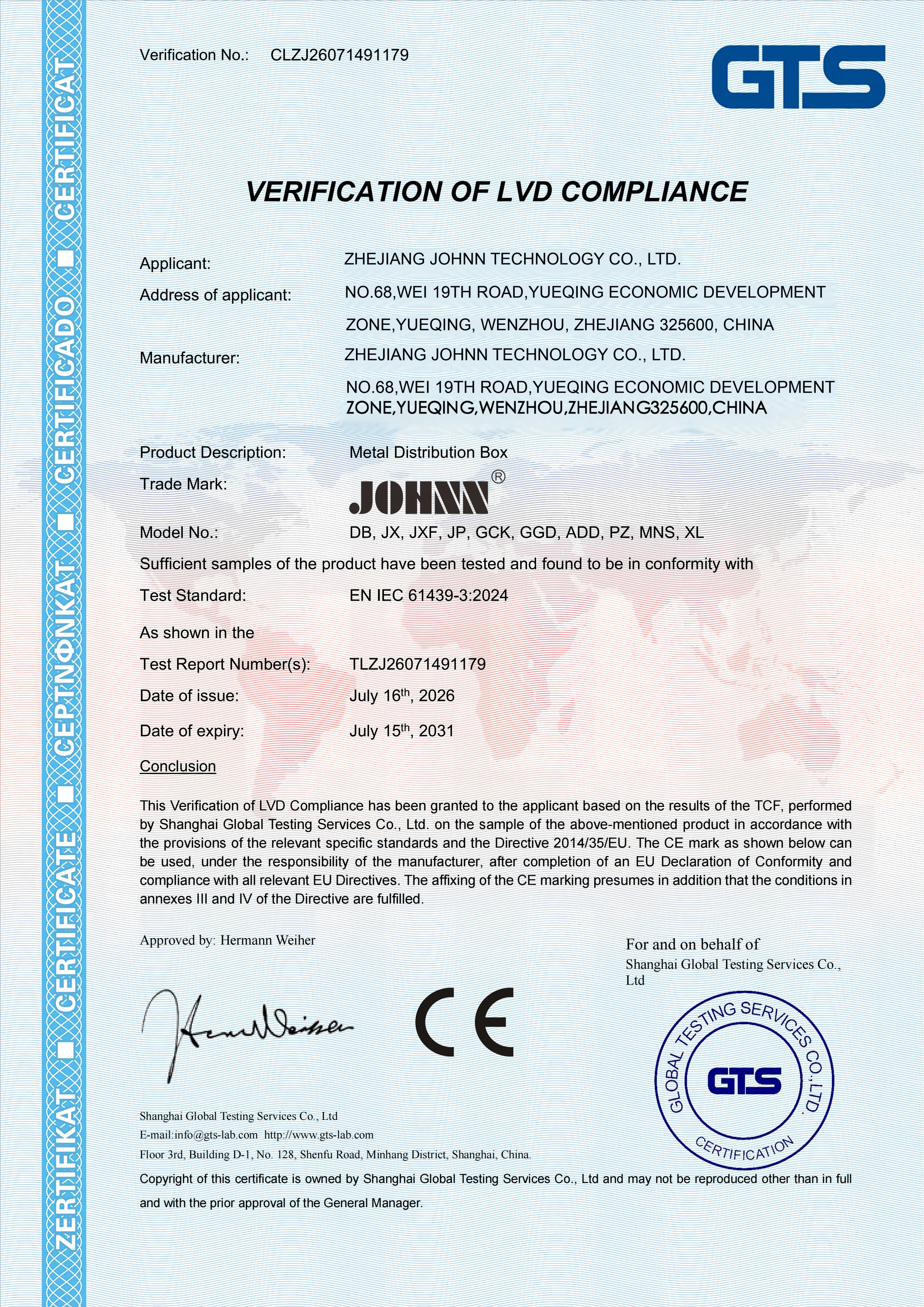 JOHNN CE certificate