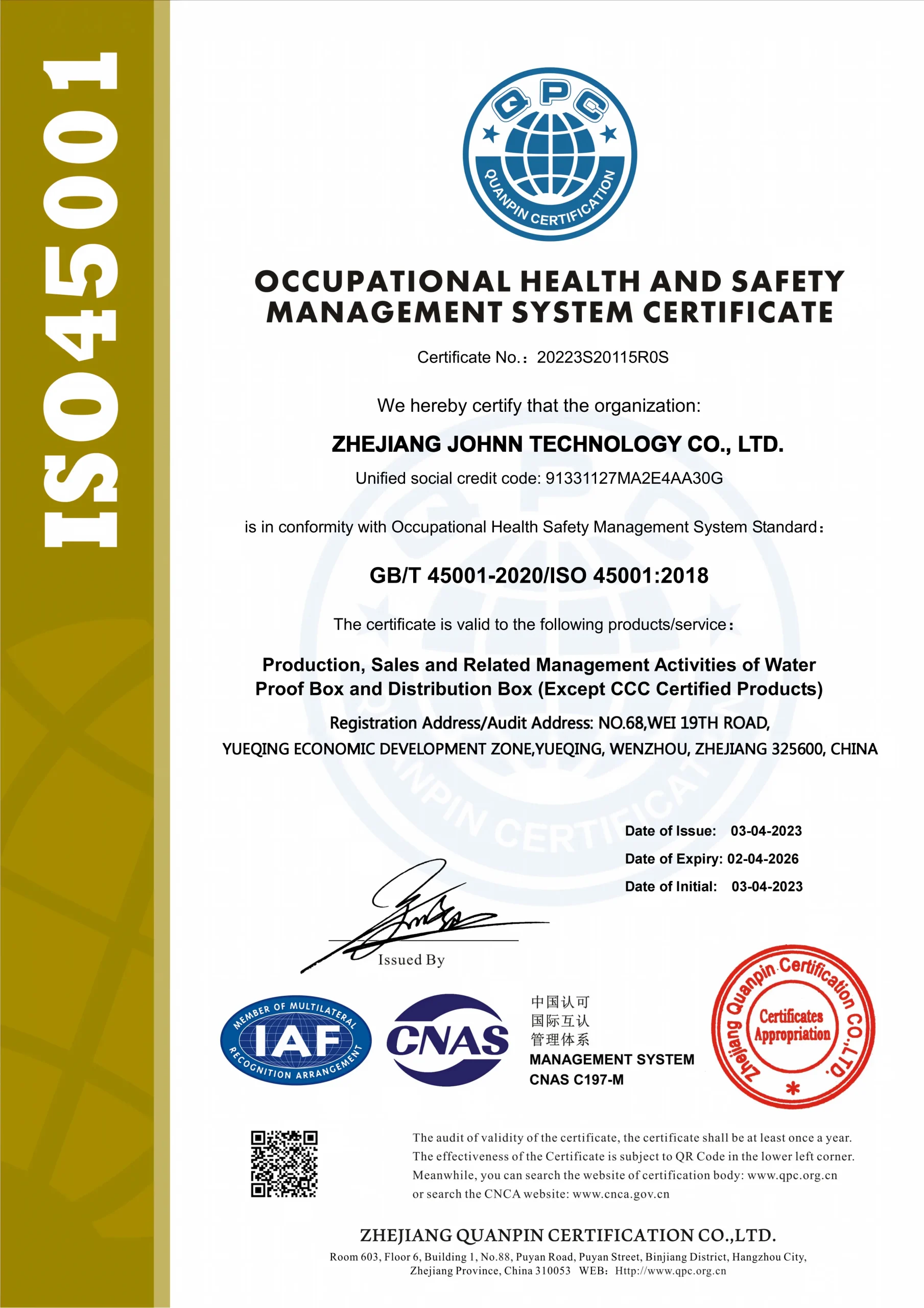 JOHNN ISO 45001 certificate