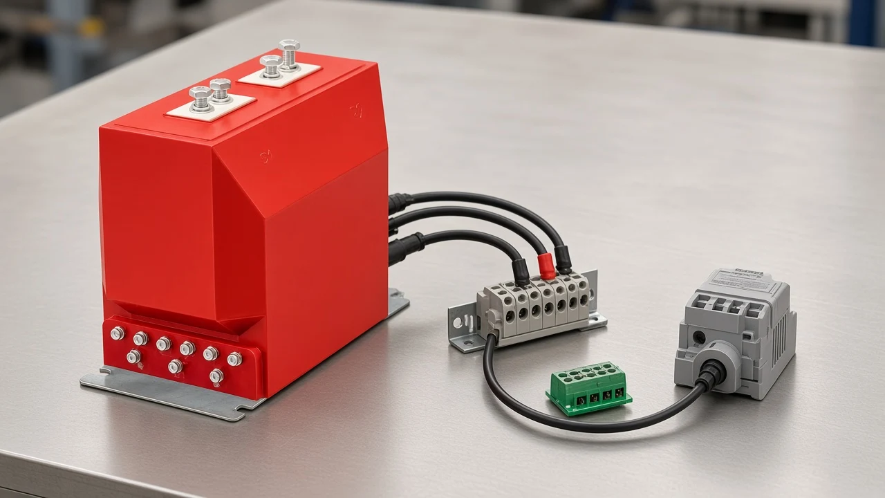 Conventional current-transformer secondary landings beside a compact low-voltage output sensor on a workbench