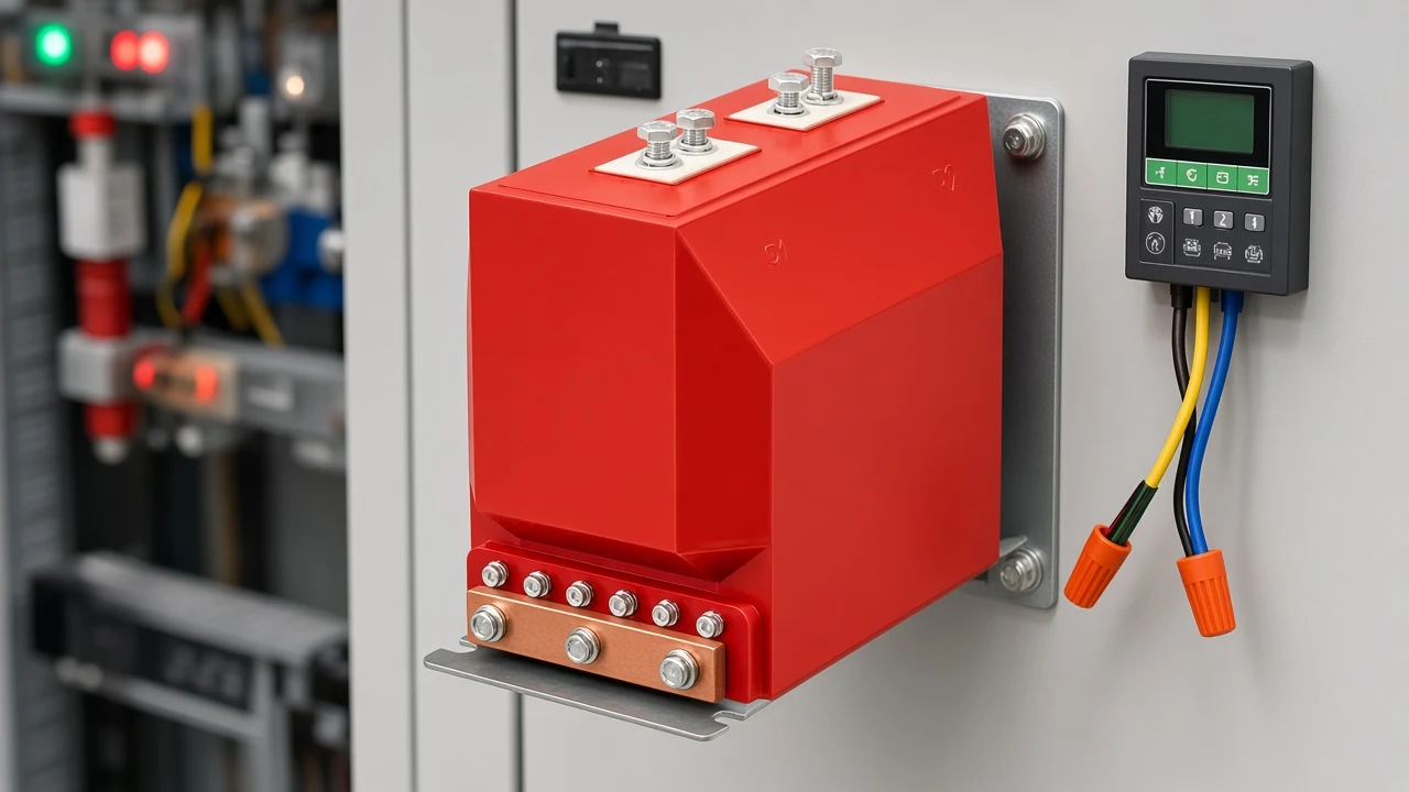CT shorting-block and closed-secondary safety context beside an indoor epoxy current transformer