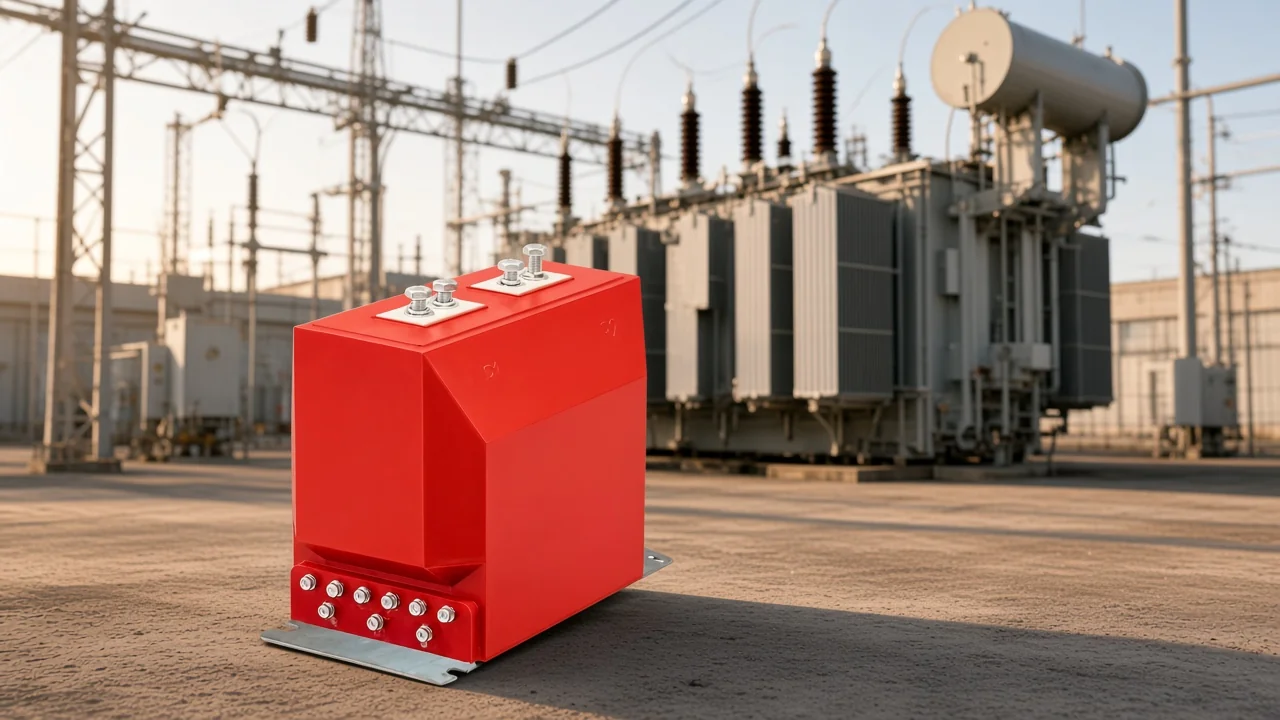 Compact indoor instrument transformer beside larger energy-transfer equipment atmosphere