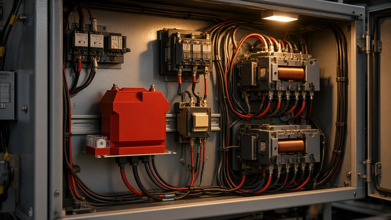 Motor-starter panel with contactors and coil wiring, the control-power job that is separate from a metering potential transformer.