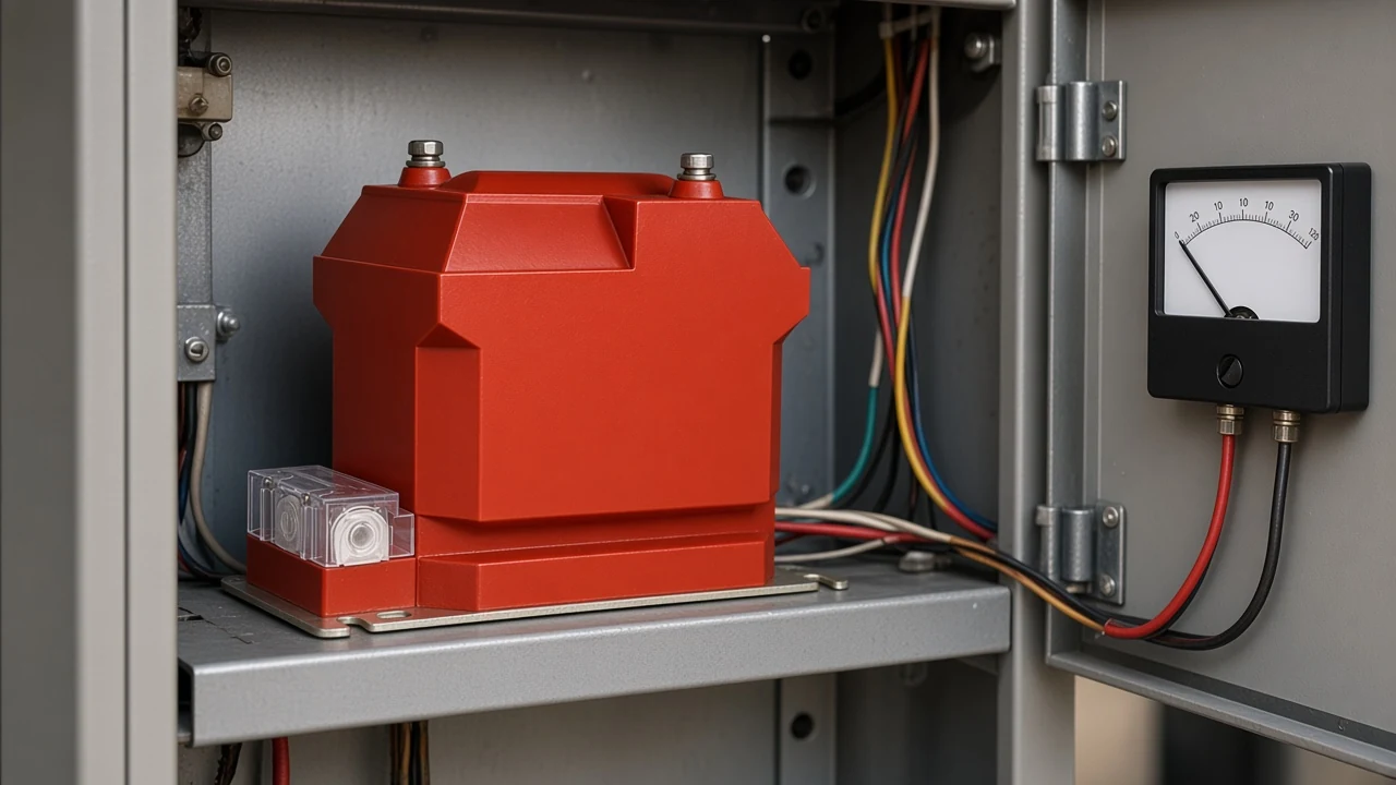 Voltage-transformer secondary wires feeding a panel meter inside a metering cabinet.