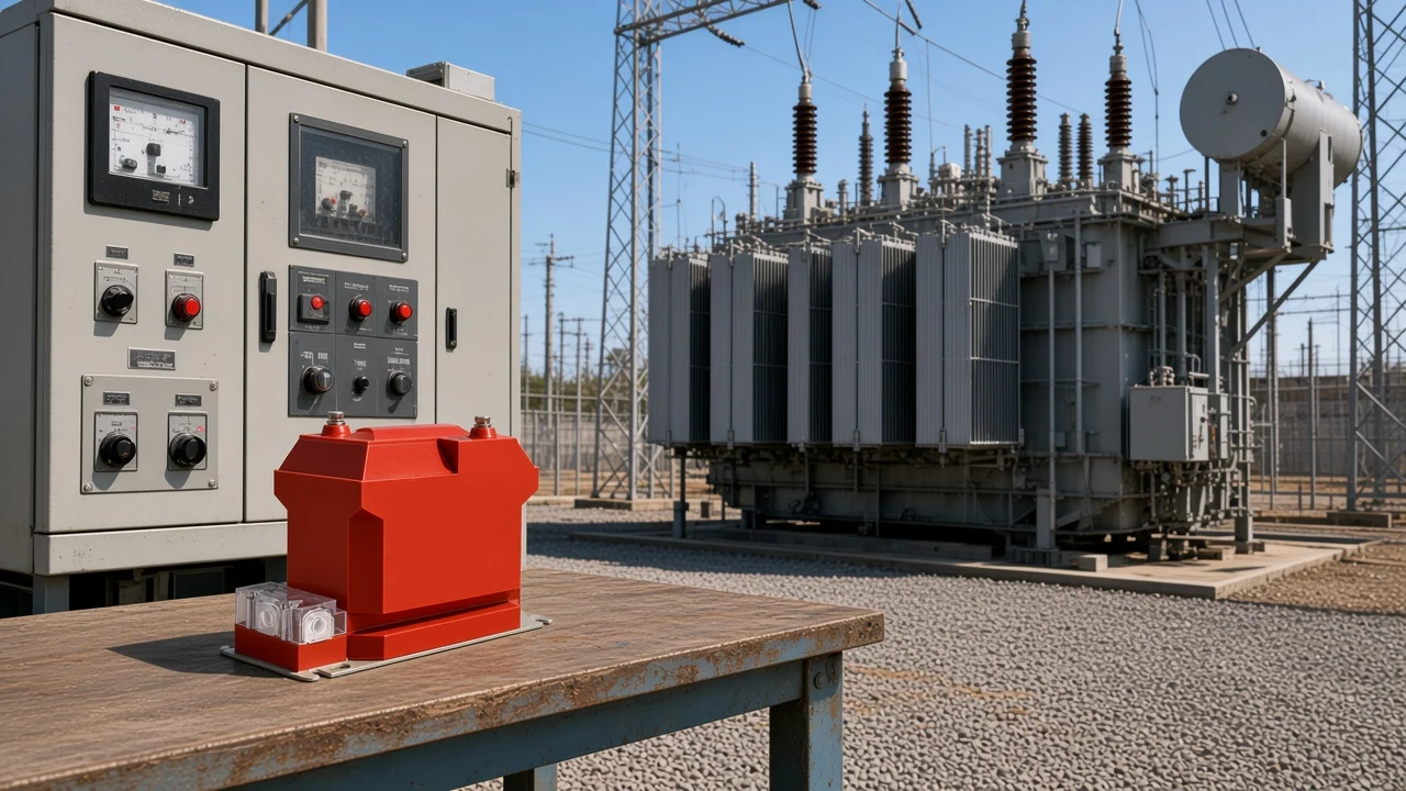 Small indoor voltage transformer in the foreground contrasted with a large oil-immersed power transformer in the yard.