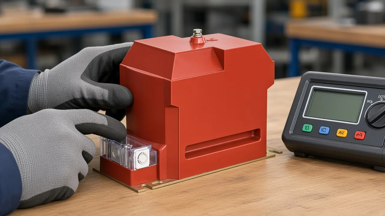Nameplate and insulation-resistance inspection context on an indoor epoxy voltage transformer