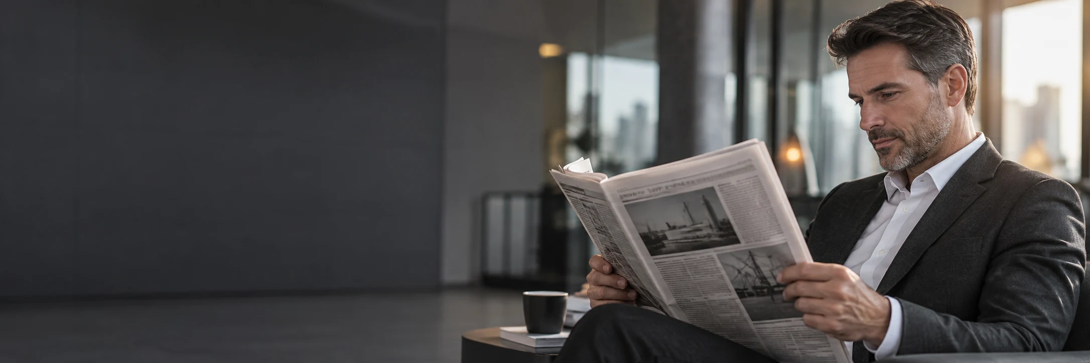 Business professional reading a newspaper in a contemporary office