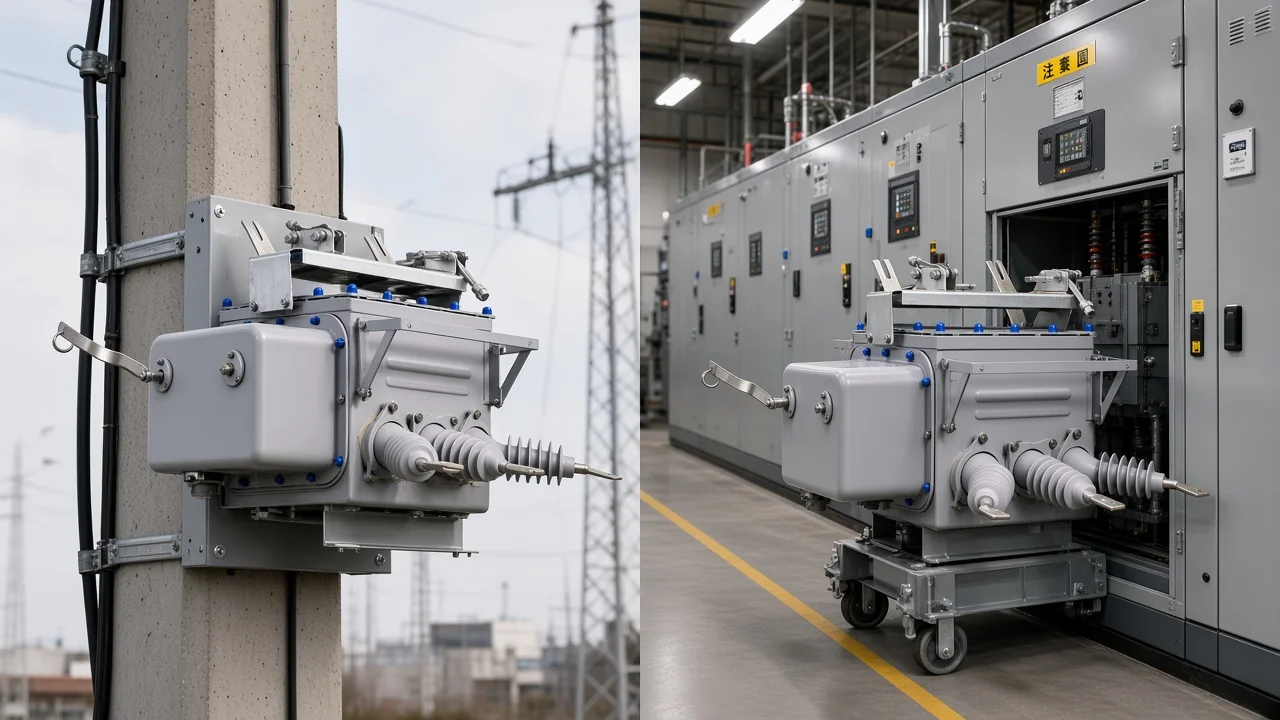 Outdoor pole-mounted vacuum breaker package beside an indoor armored vacuum-trolley switchgear context
